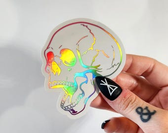 Pegatina de calavera arcoíris holográfica, pegatina de vinilo arcoíris troquelada para botella de agua, pegatina pastel goth, pegatina de muerte y agonía, metal