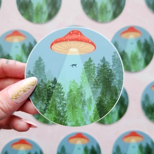UFO Mushroom Waterproof Sticker, Water bottle Sticker, Cottagecore Sticker, Alien Spaceship Sticker, Forest Sticker