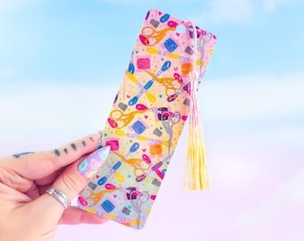 Embroidery Supplies Bookmark – Holographic Sewing Pattern | Craft Lover's Bookmark Gift with Tassel Option