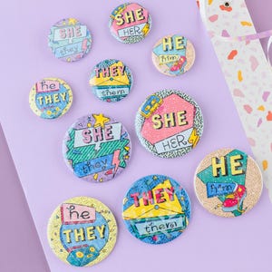 90s Themed Pronoun Buttons - LGBTQ+ Pride Pin-back Button