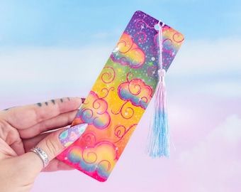 Holographic Rainbow Clouds Bookmark: Handmade Laminated Bookmark with Tassel