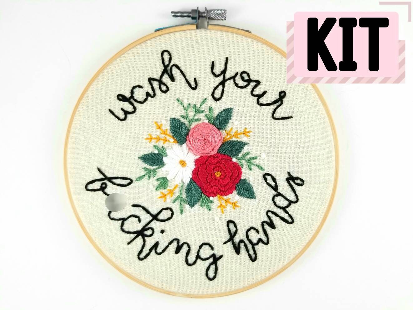 Embroidery Kit for Beginners - Wash Your Hands Sign - DIY Craft Kit -…