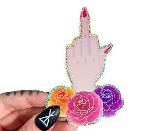 Holographic Waterproof Middle Finger Vinyl Sticker, Die Cut Water bottle Sticker, Stickers for Adults, Removable Decal, Feminist Stickers