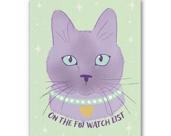 Siamese Cat Print, On The FBI Watch List Funny Quote Art, Purple Cat Illustration, Sarcastic Cat Wall Art, Cat Mom Gift, 5x7 8x10 Print