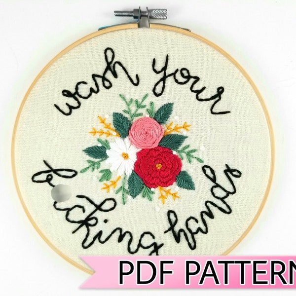 Digital Download Embroidery Pattern - Wash Your Hands Sign - Needlepoint Bathroom Sign - Funny Wall Art - PDF Adult Embroidery Kit