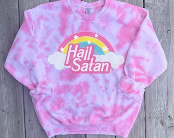 Hail Satan Pink Tie Dye Crewneck Sweatshirt - Kawaii Satanic Funny Long Sleeve Shirt - Rainbow Pastel Goth - Atheist Shirt - Unisex Fit