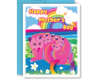 Colorful Mother's Day Card, Opossum Mom with Babies Rainbow 90s Greeting Card