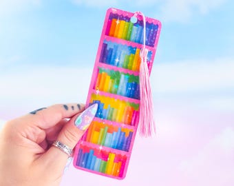 Holographic Rainbow Bookcase Bookmark: Laminated Book Lover Gift