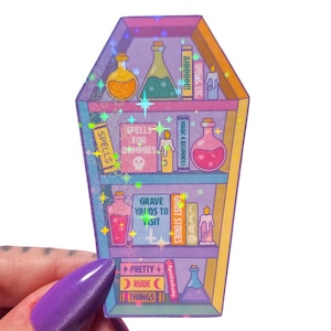 Pastel Goth Coffin Bookshelf Sticker, Cute Spooky Holographic Rainbow Potion Shelf, Witchy Bookcase, Goth Book Lover Gift, Creepy Cute