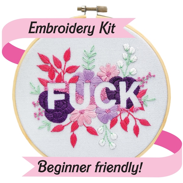 Kit de bordado rosa con espacio negativo "FUCK", ideal para principiantes, regalo para amantes de las manualidades, rosa y morado, proyecto de viaje, kit de punto de aguja floral.