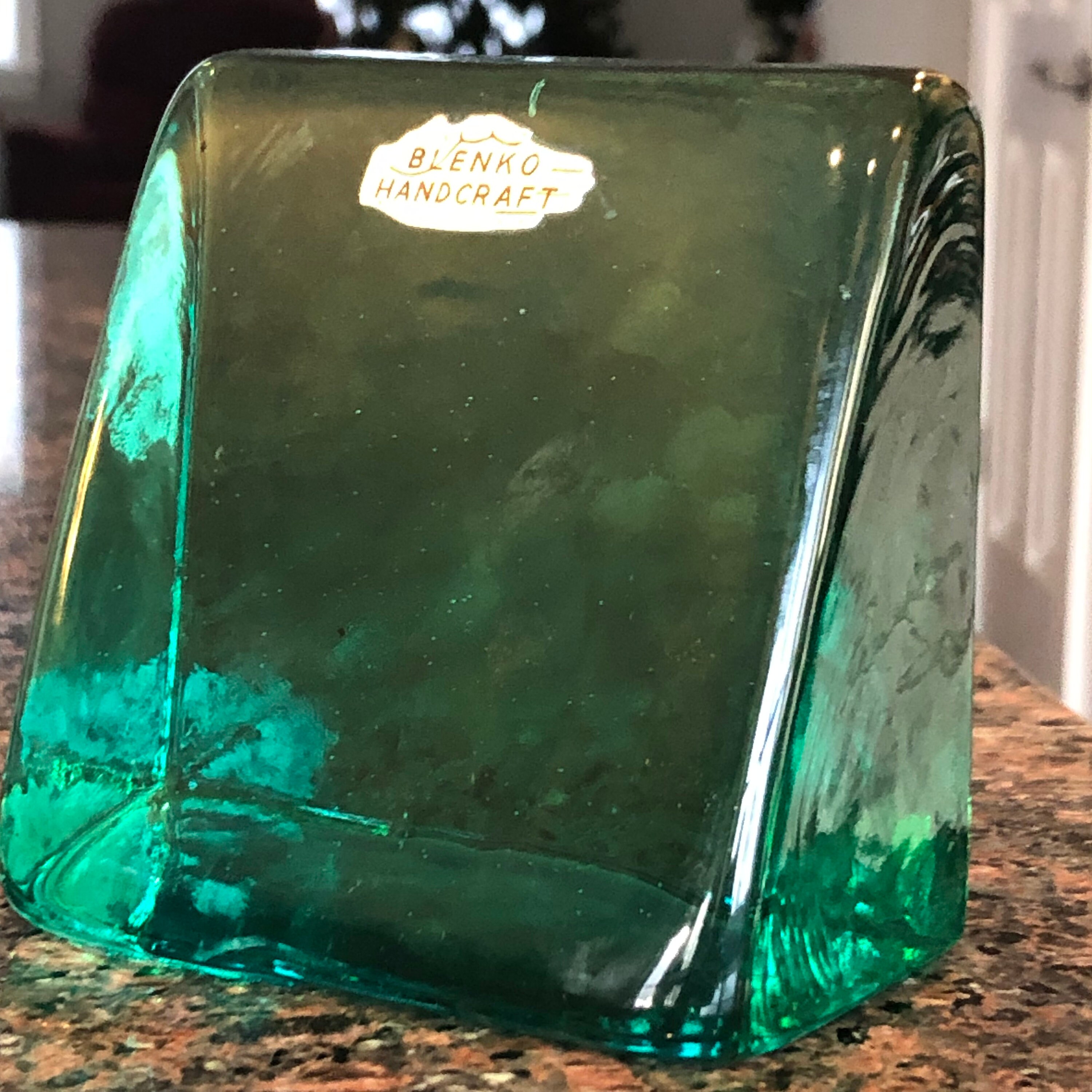 Blenko Emerald Green Glass Bookend Wedge Wayne Husted 1960s Mid Century
