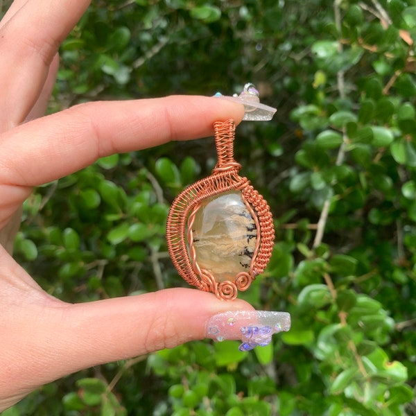 Dendritic Agate wire wrapped pendant- unique jewelry- folklore amulet- boho hippie jewelry