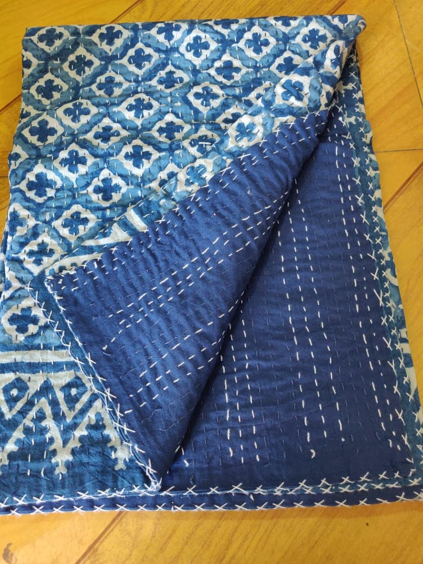 Indigo Kantha Quilt Twin Size Kantha Blanket Hand Made Kantha Etsy
