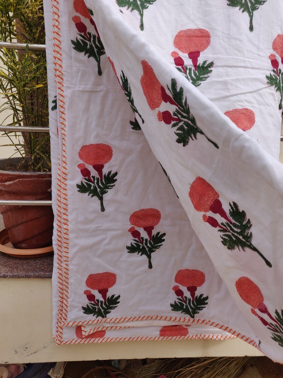 Handmade Pink Floral Organic Cotton Queen Quilt: Block Print Dohar