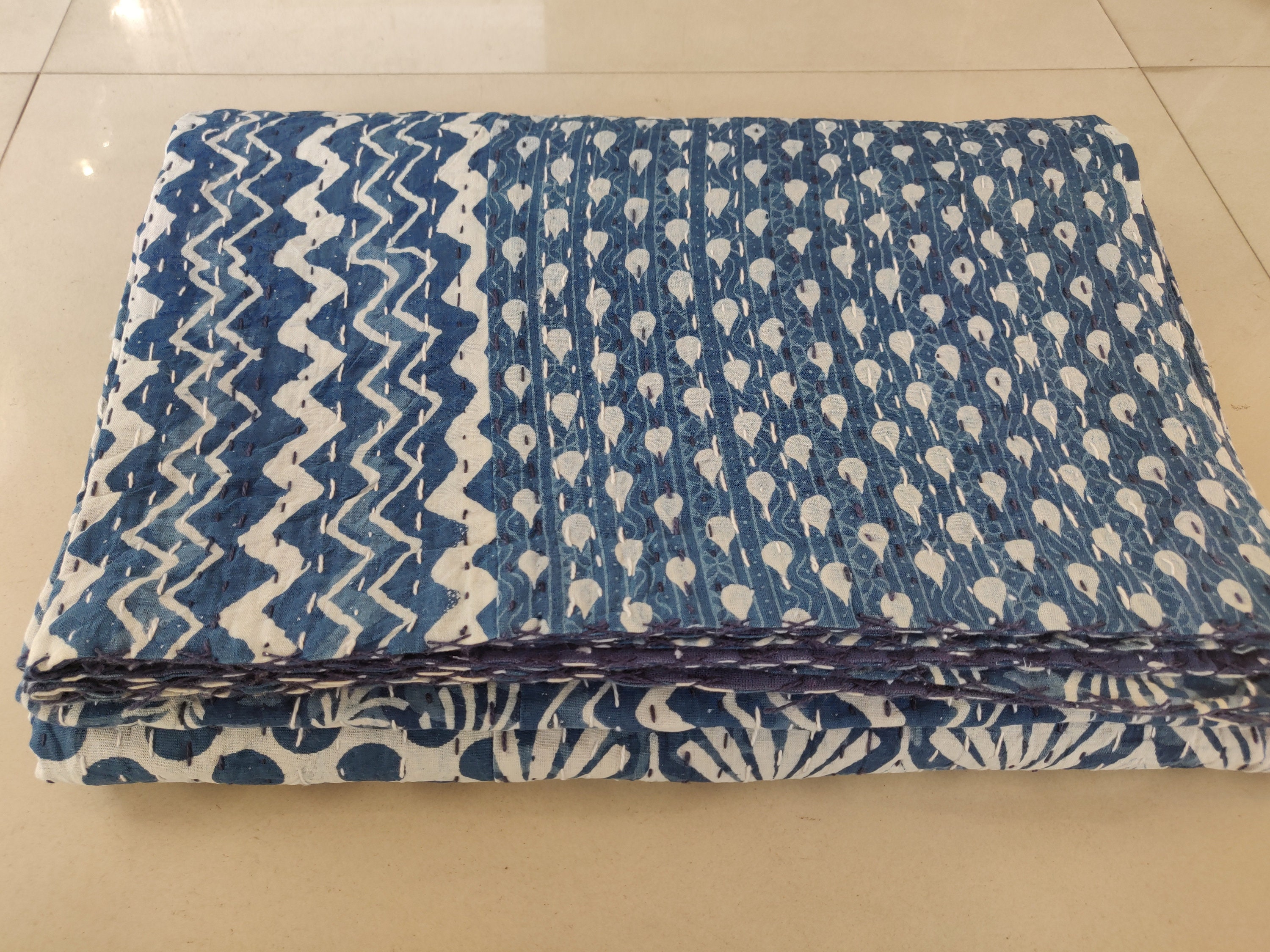 Hand made hand Block Print Blue kantha Quilt handmade kantha | Etsy