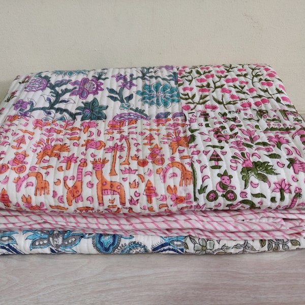 Hand Block Print Patchwork Quilted bed cover Twin size hand quilted table cover patchwork kantha throw