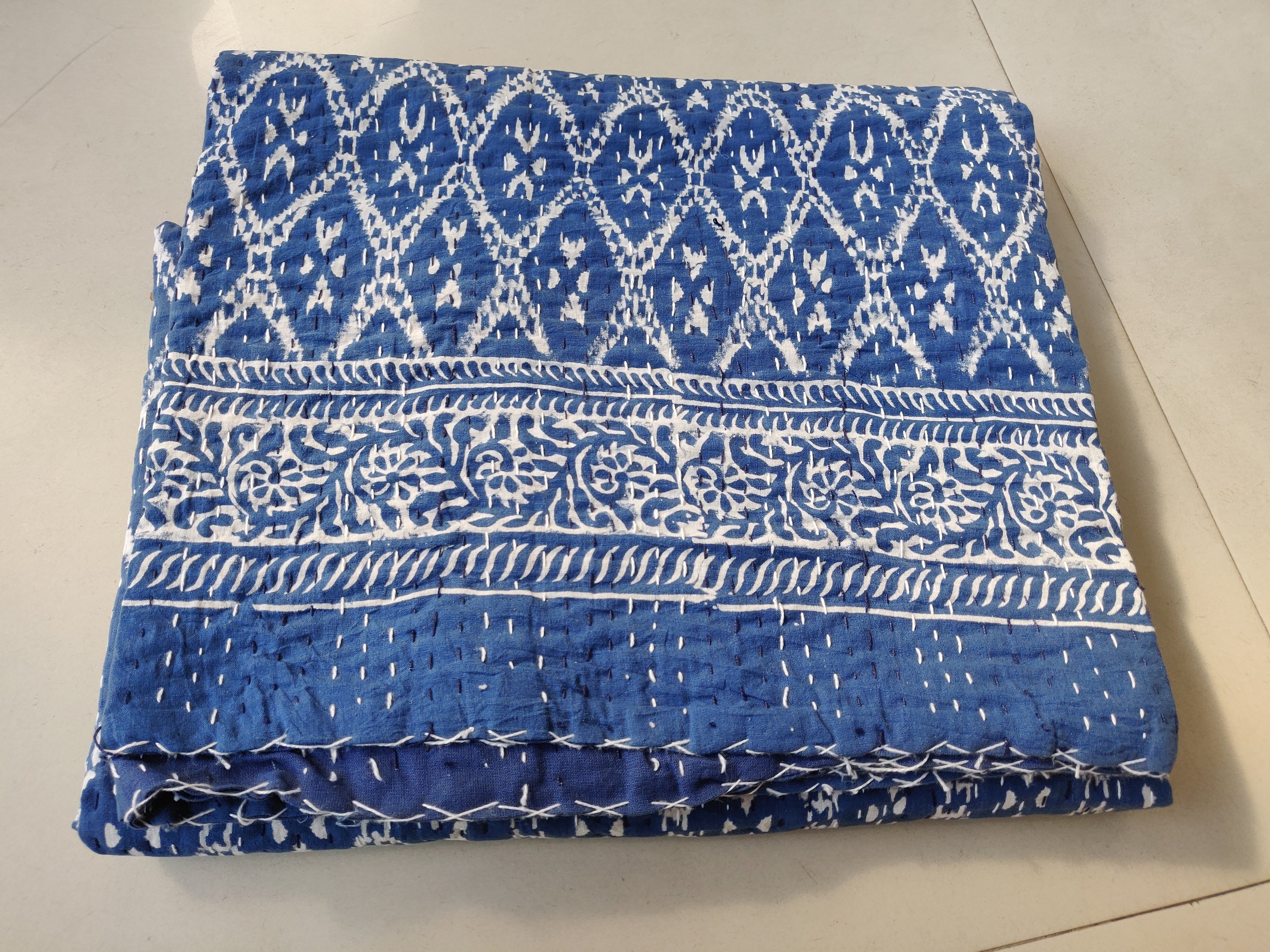 Blue Iket Kantha Throw Indigo Blue Kantha Quilt Handmade - Etsy