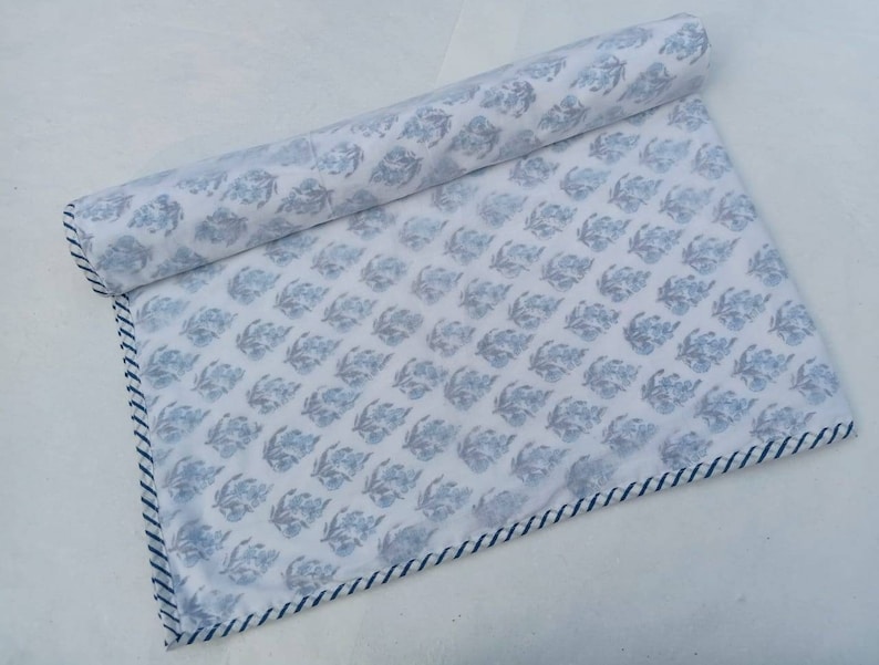 May include: Rolled white fabric featuring a repeating blue floral design. The edge is finished with a navy and white striped border. The material appears to be cotton or a similar fabric.