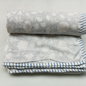 Floral Block Print Cotton Quilt: Reversible Indian Dohar Bedspread