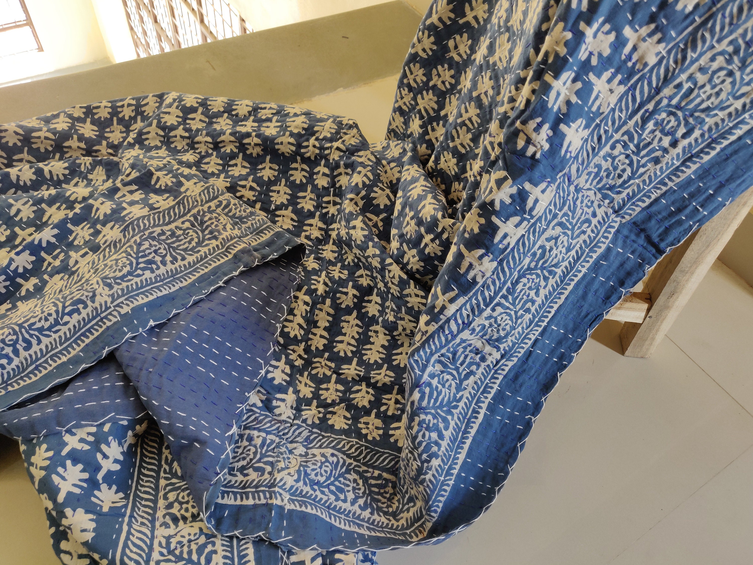 Indigo kantha blanket and throw Ganwali Gudari double size Etsy