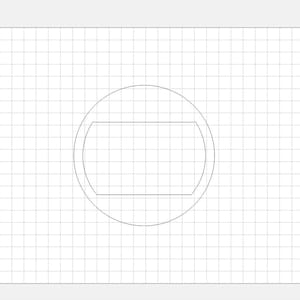 Pode incluir: Um desenho de linha preto e branco de um círculo com um retângulo dentro. O círculo e o retângulo estão em um fundo de grade branca.