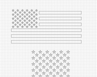 May include: A black and white line drawing of the American flag with 50 stars in the blue canton and 13 red and white stripes. The flag is on a white grid background.