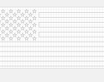 May include: A black and white line drawing of the American flag on a grid background. The flag has 13 horizontal stripes and a field of blue stars in the upper left corner.