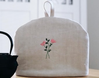 Teekannenwärmer Antik Leinen "rosa Blumenstrauss" Teehaube Tea Cozy Muff Teekannenhaube Stickerei