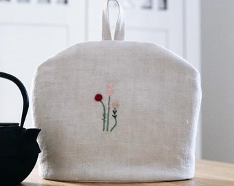 Teekannenwärmer Antik Leinen "Flowers" Teehaube Tea Cozy Muff Teekannenhaube Stickerei