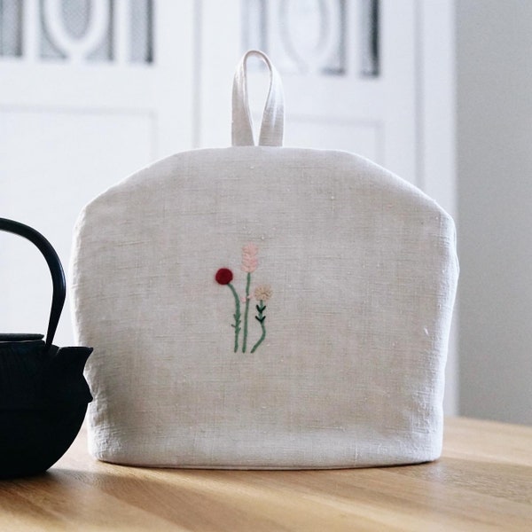 Teekannenwärmer Antik Leinen "Flowers" Teehaube Tea Cozy Muff Teekannenhaube Stickerei