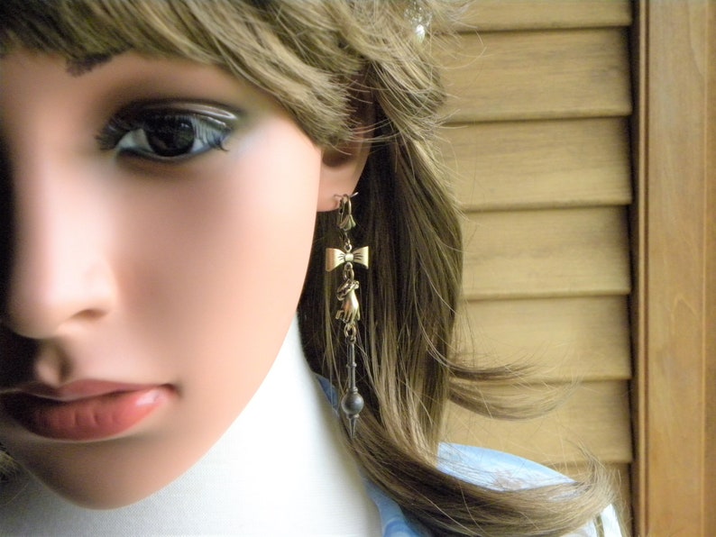 Victorian Mourning Earrings Gothic Long Slender Spike Dangles Pit Pendulum Horror Gift \u00ae\u00a92016DJ Shabby Goth Victorian Hand Bow Earrings