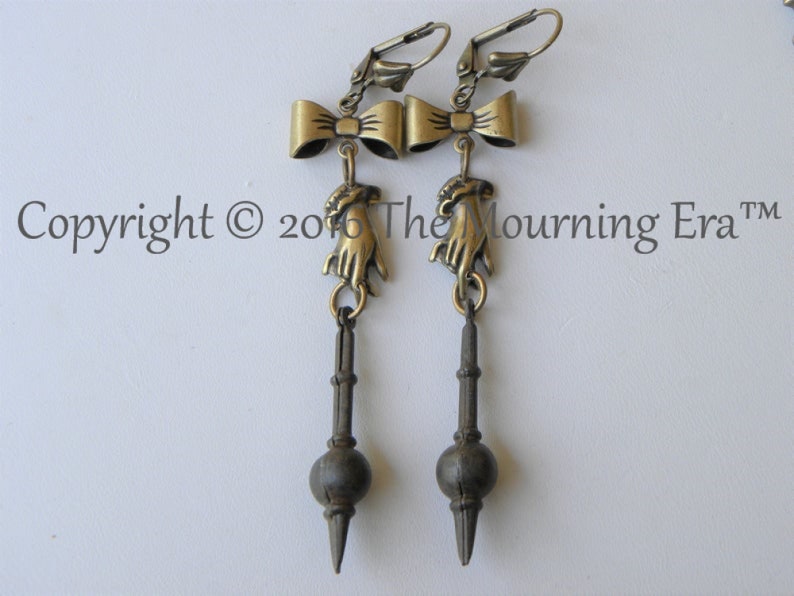 Victorian Mourning Earrings Gothic Long Slender Spike Dangles Pit Pendulum Horror Gift \u00ae\u00a92016DJ Shabby Goth Victorian Hand Bow Earrings