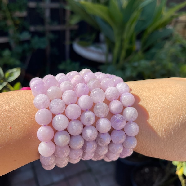 Bracelet lavande quartz rose et cristaux naturels, 10 mm, extensible, grosses perles