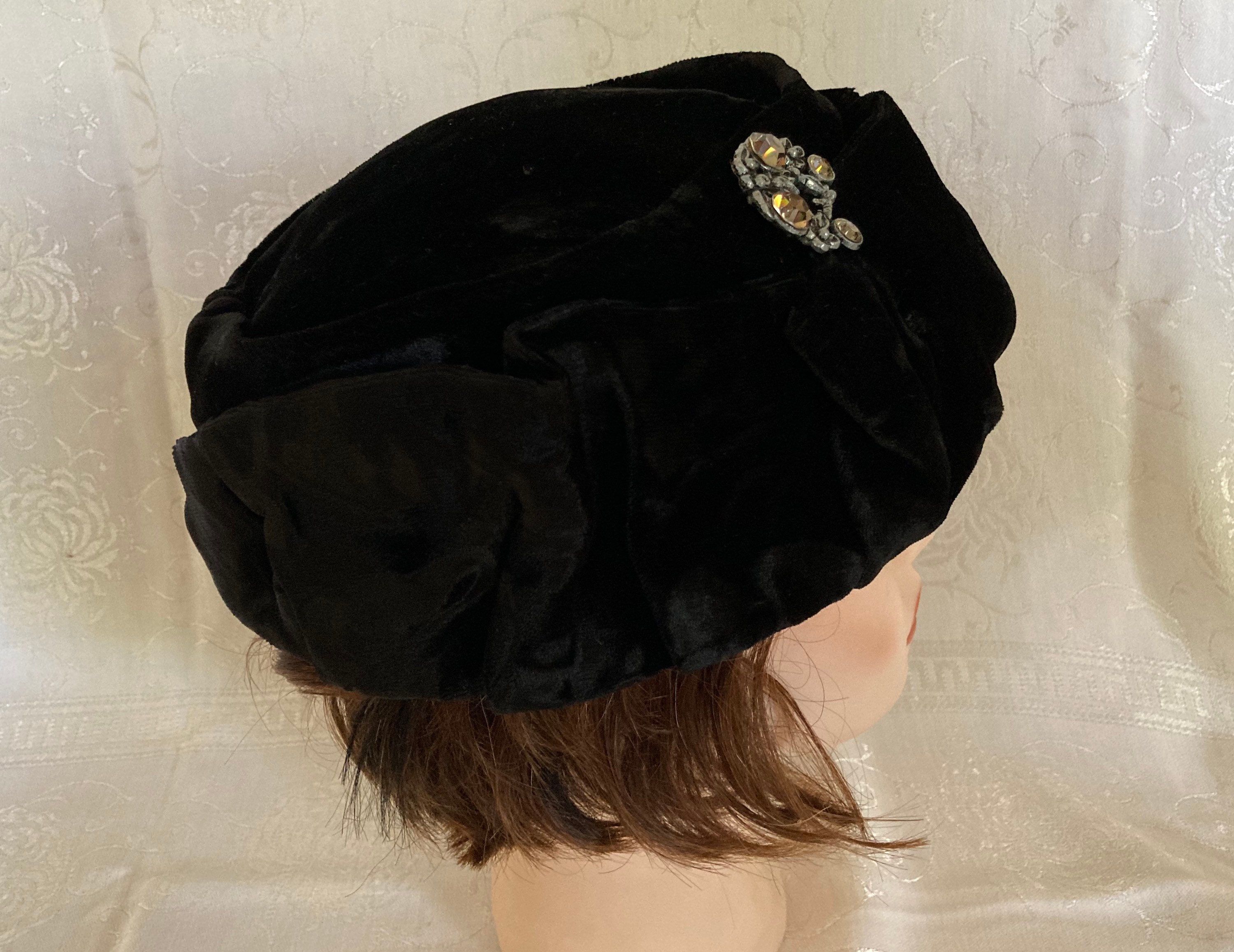 Vintage 1930s Hand-sewn Black Velvet Pillbox Hat Embellished 