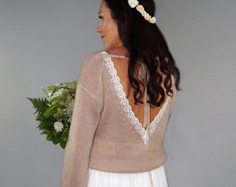 Brautpullover mit Spitze und einem tiefen V-Rückenausschnitt aus weichem Mohair, Kaschmir, Baumwolle und Seide, Hochzeitspullover rückenfrei