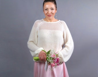 Bridal sweater with bow made of soft baby alpaca yarn, cashmere, cotton and silk, wedding sweater, bridal top, sweater for bride