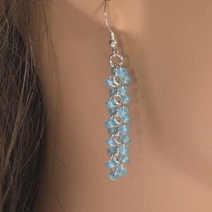 Handmade Silver Chainmail Earrings, Aqua Blue Seed Bead Fashion Earrings