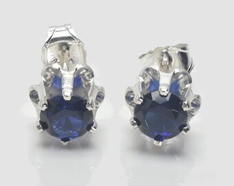Blue Sapphire Earring Studs, Deep Blue Sapphire Birthstone Earrings on Sterling Silver Posts