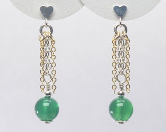 Elegant Green Onyx Earrings: Heart Post Style, Mixed Metal Drops - Dazzling Gemstone Delight for Any Occasion!