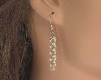 Boho Chic Delight: Long Alabaster Color Earrings in Sterling Silver Filled Chainmail & Glass Seed Beads