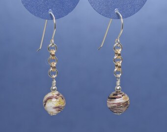 Handmade Murano Glass Dangle Earrings, Chocolate Brown Gold Foil, Mixed Metal