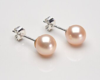Light Pink Pearl Stud Earrings, Sterling Silver Posts, June Birthstone