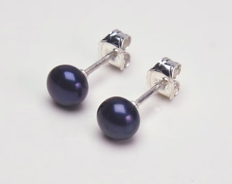 Black Pearl Earrings, Dainty Freshwater Pearl Stud Earrings on 925 Sterling Silver Posts