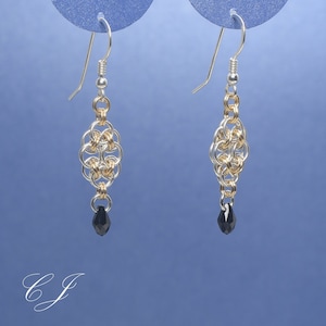 Helm Weave Chainmail Earrings, Mixed Metal Two Tone Chainmail Earrings, Black Crystal Pendant Drop