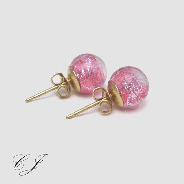 Murano Glass Earrings, Pink Dichroic Glass Stud Earrings, 14k Gold Filled Posts