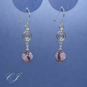 Murano Glass Earrings, Handmade Italian Glass Dangle Earrings with Purple Millefiori Beads