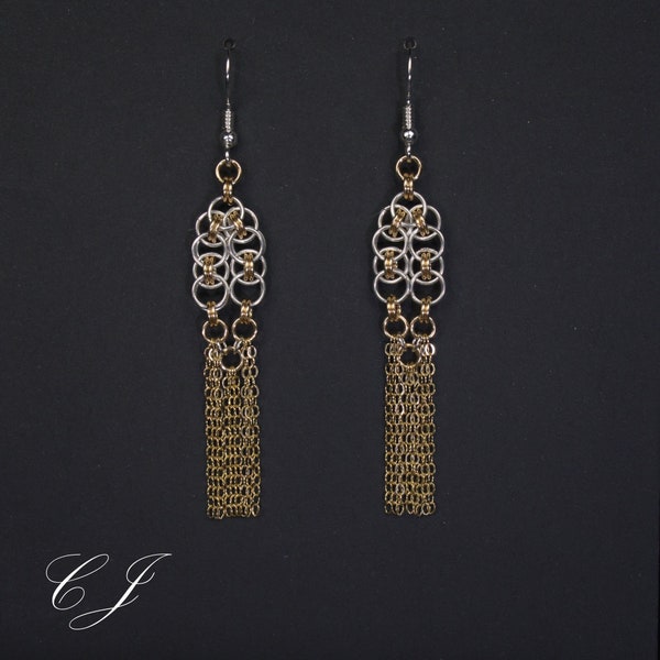 14k Gold Filled Chandelier Chain Earrings, Elegant Silver and Gold Women's Long Two Tone Earrings