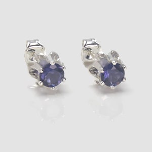 Peut inclure: Une paire de boucles d'oreilles en argent avec une pierre précieuse violette dans chacune. Les boucles d'oreilles ont un design simple et élégant.