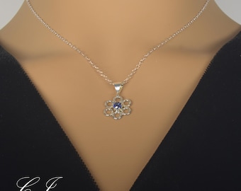 Silver Necklace: Handmade Sterling Silver Pendant, Sapphire Blue CZ Stone - Simple Elegance