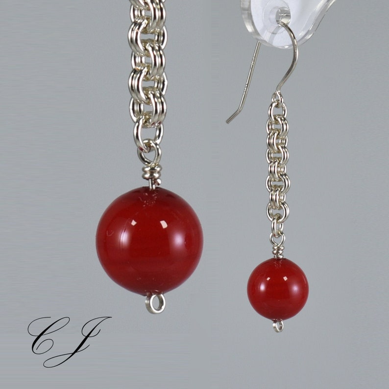 Silver Chainmaille Earrings Red Murano Glass Murano Glass Jewelry Murano Glass Earrings